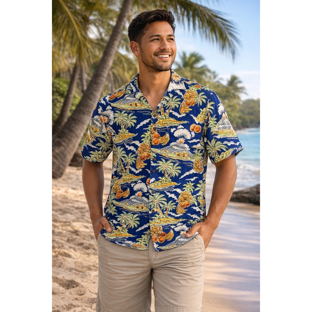 RJC Hawaiian Shirt Mens S Made in Hawaii Button Up Pineapple Fruit Volcano Aloha